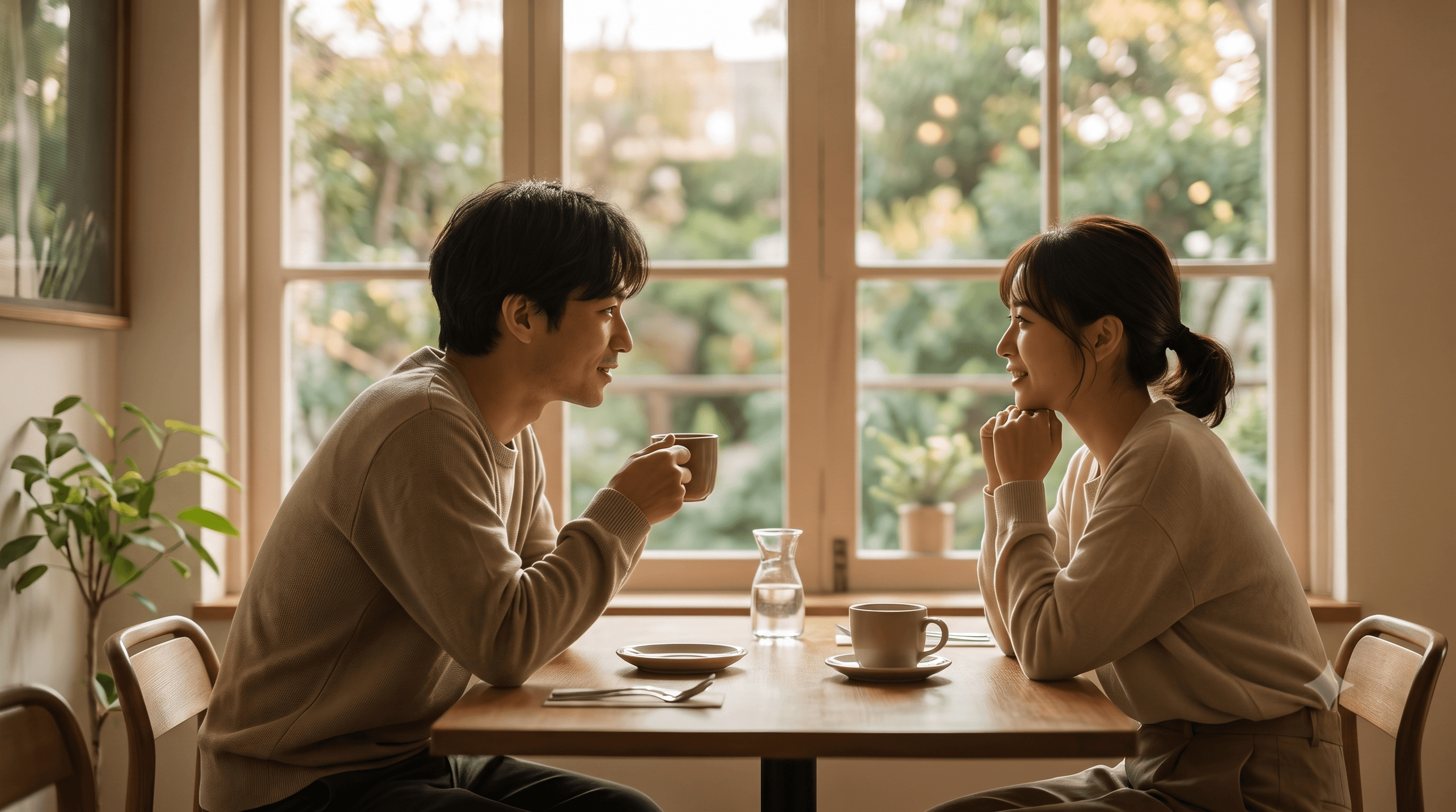 向かい合って話す夫婦