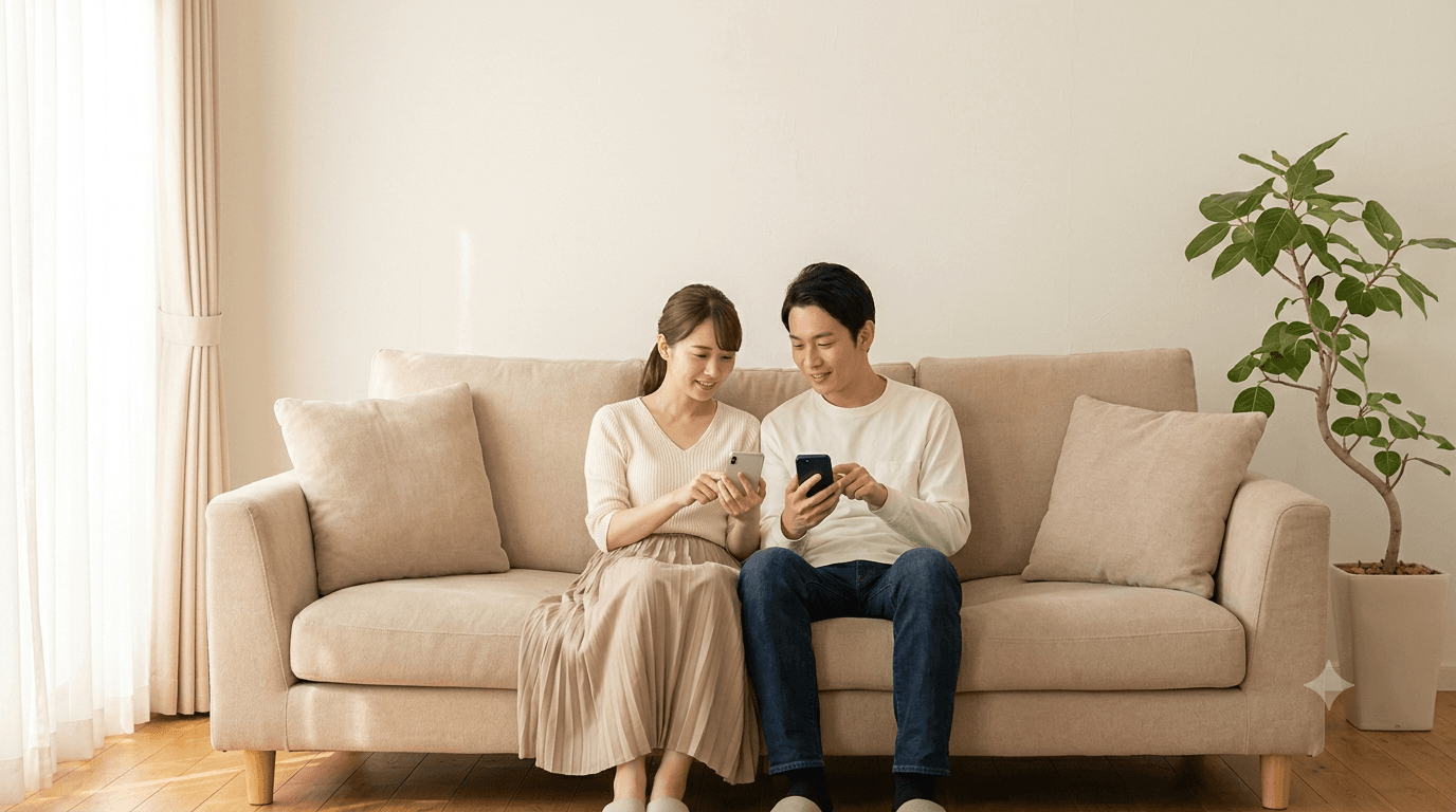 テーブルで話し合う夫婦