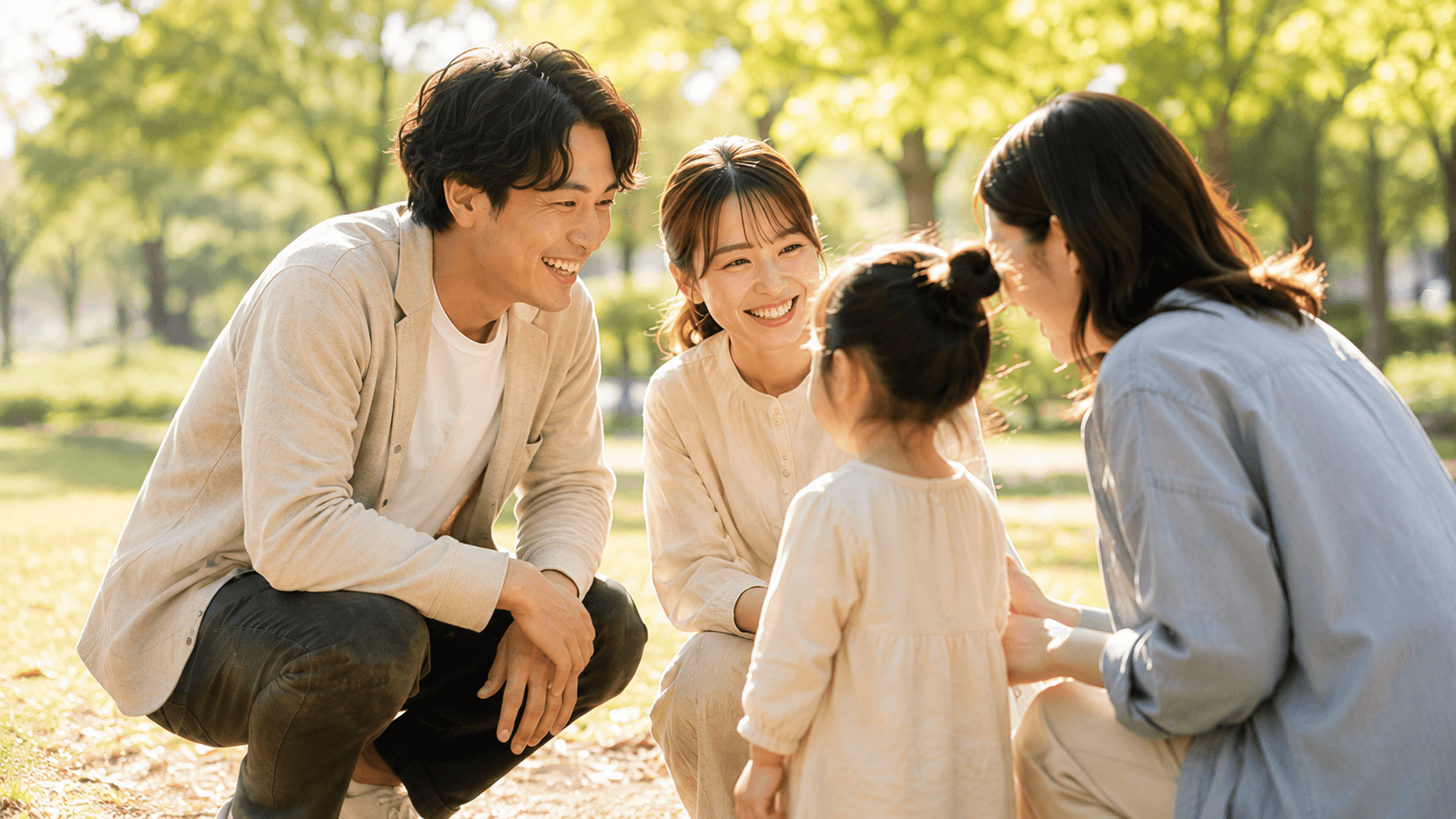 友人家族と笑顔で話す夫婦