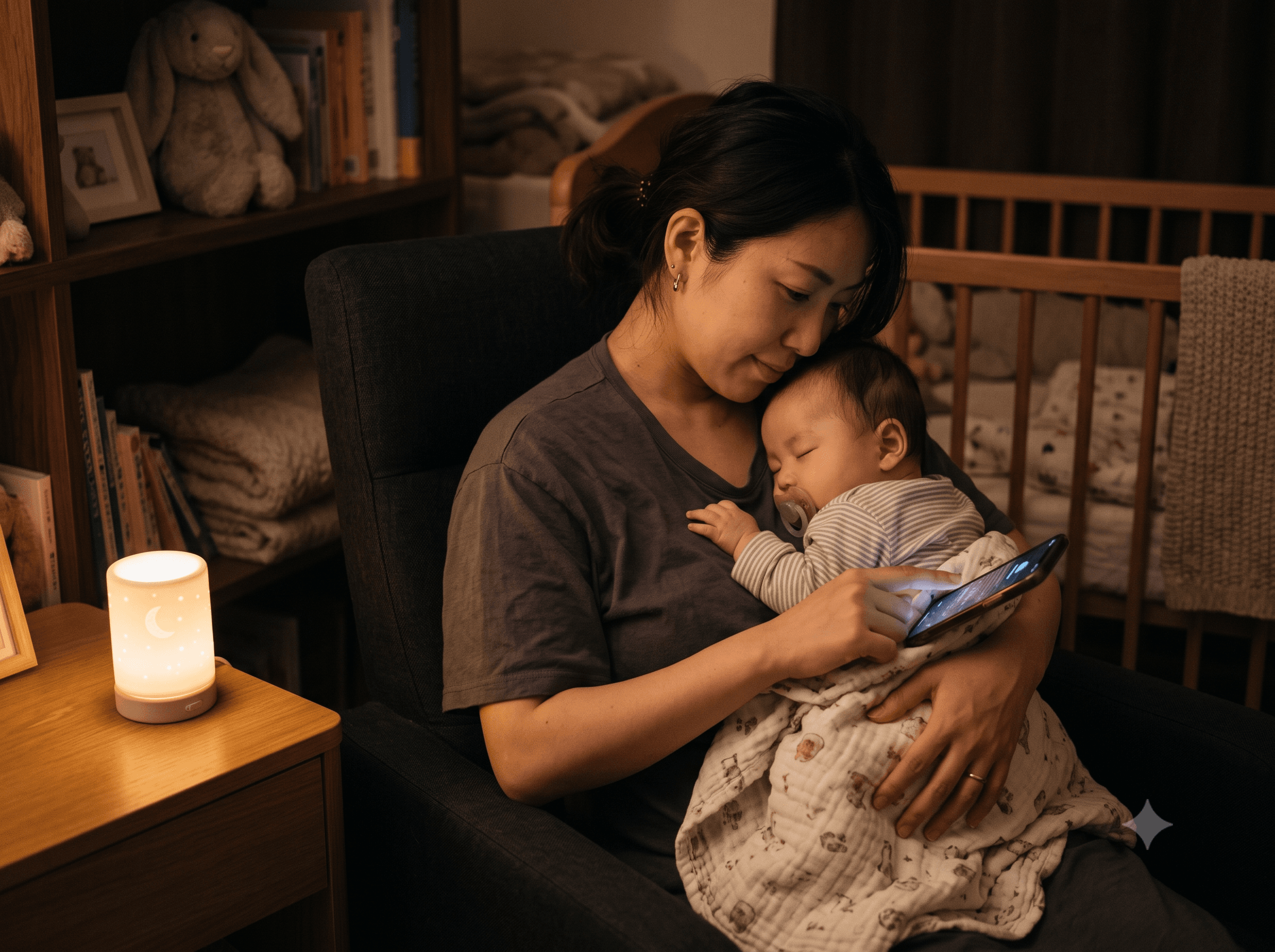 夜、赤ちゃんを抱きながらスマホをそっと操作する親